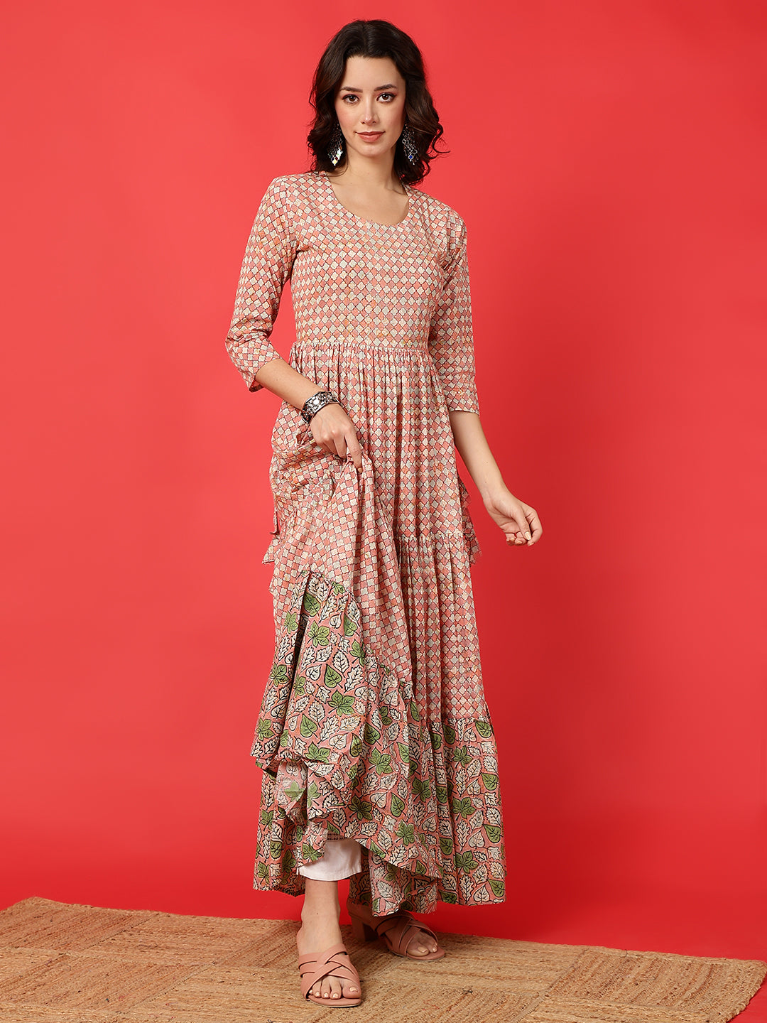 Cotton Printed Ankle Length 3/4 Sleeve Round Neck Tiered Kurta