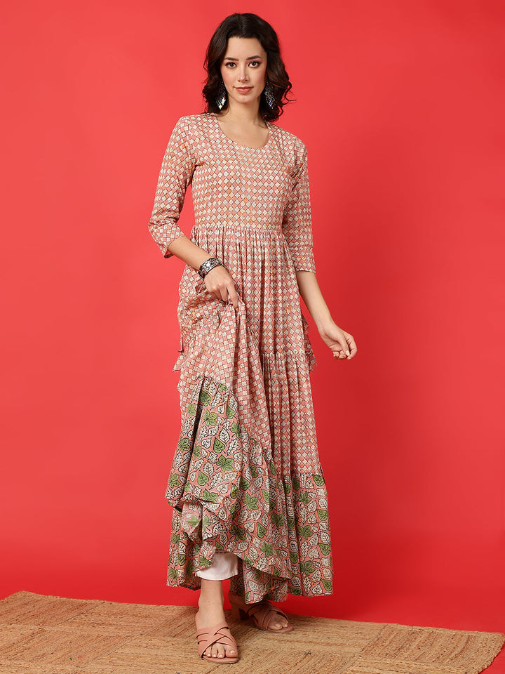 Cotton Printed Ankle Length 3/4 Sleeve Round Neck Tiered Kurta