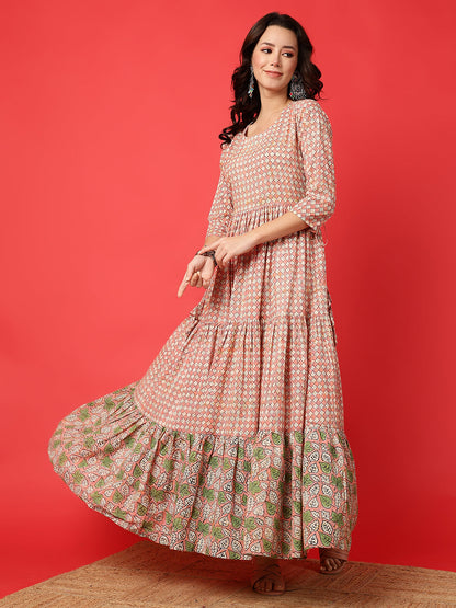 Cotton Printed Ankle Length 3/4 Sleeve Round Neck Tiered Kurta
