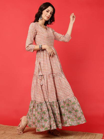 Cotton Printed Ankle Length 3/4 Sleeve Round Neck Tiered Kurta