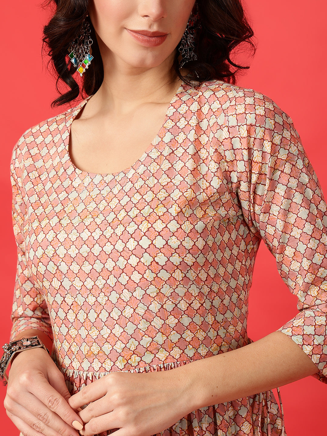 Cotton Printed Ankle Length 3/4 Sleeve Round Neck Tiered Kurta