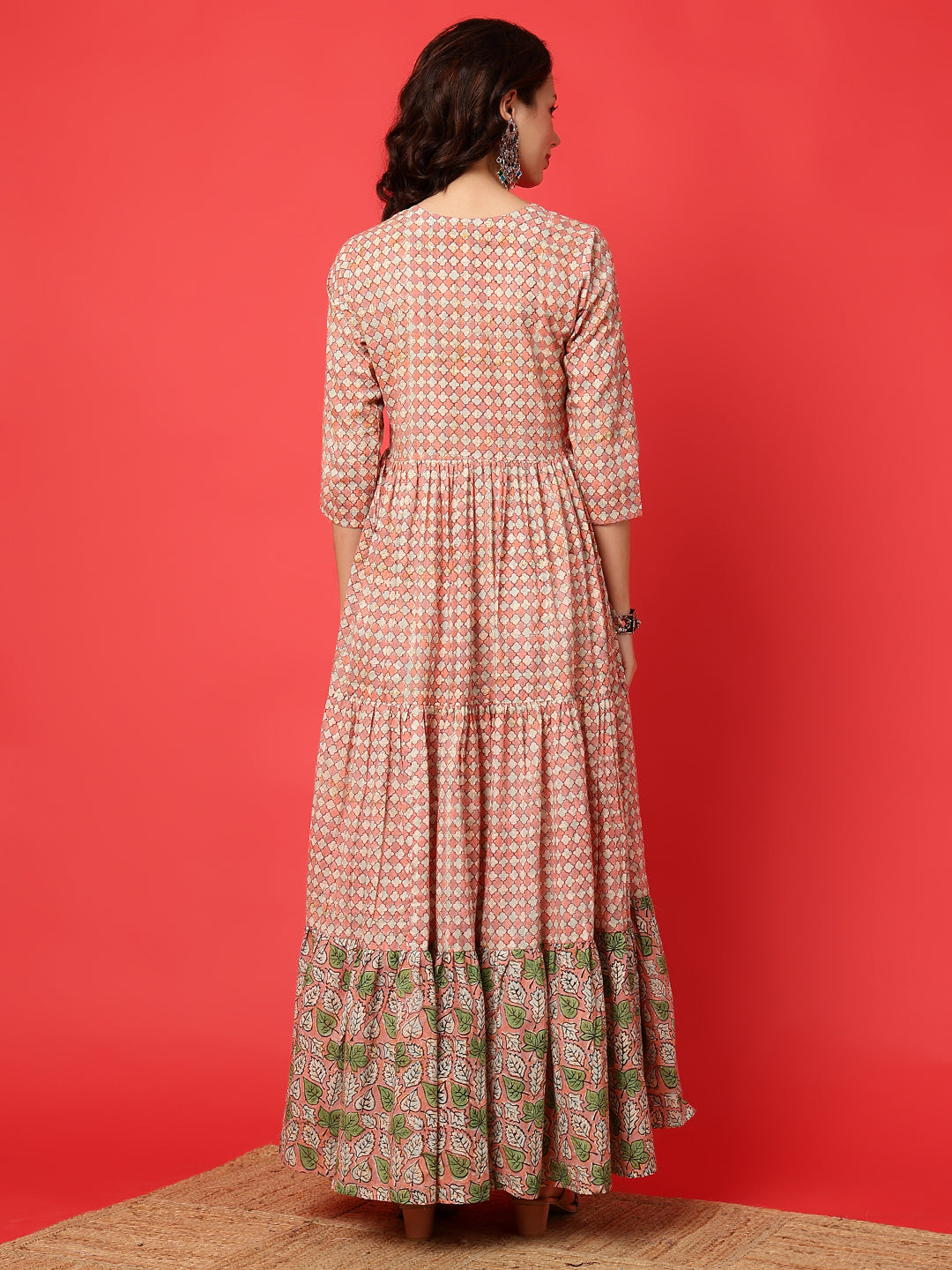 Cotton Printed Ankle Length 3/4 Sleeve Round Neck Tiered Kurta