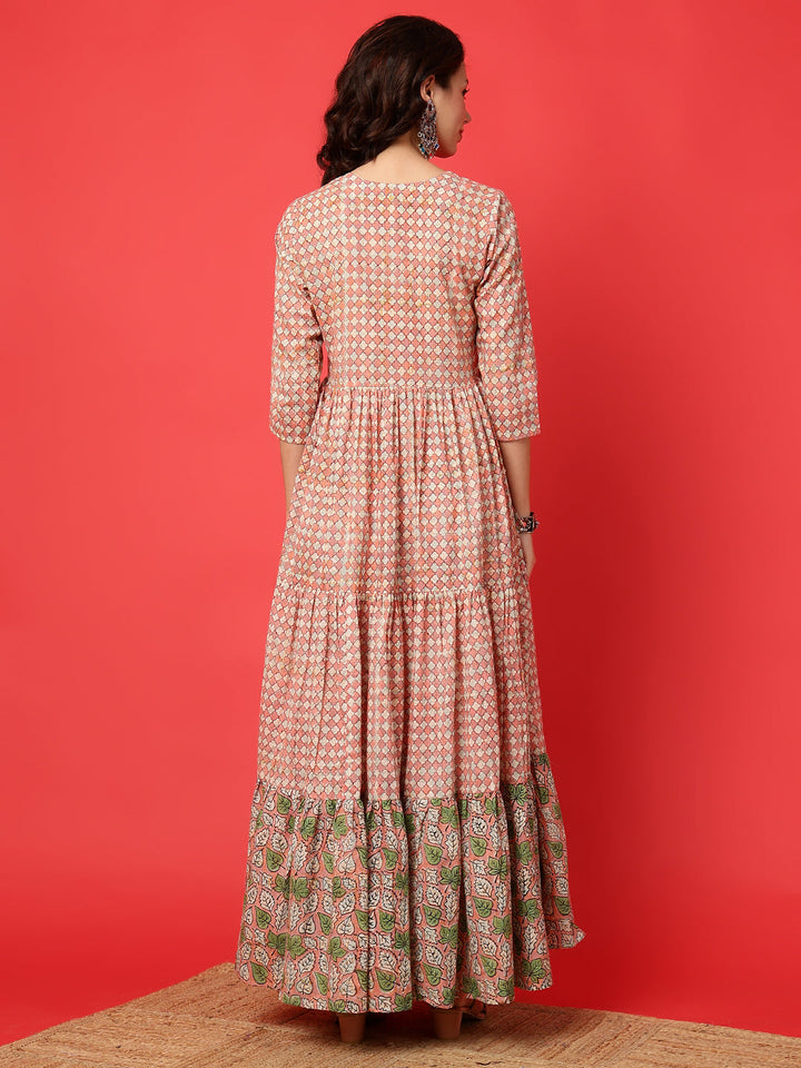 Cotton Printed Ankle Length 3/4 Sleeve Round Neck Tiered Kurta