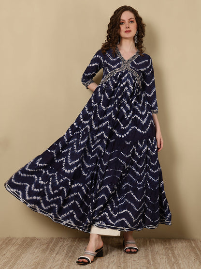 Rayon Printed Ankle Length 3/4 Sleeve V-Neck Alia Cut Tiered Kurta