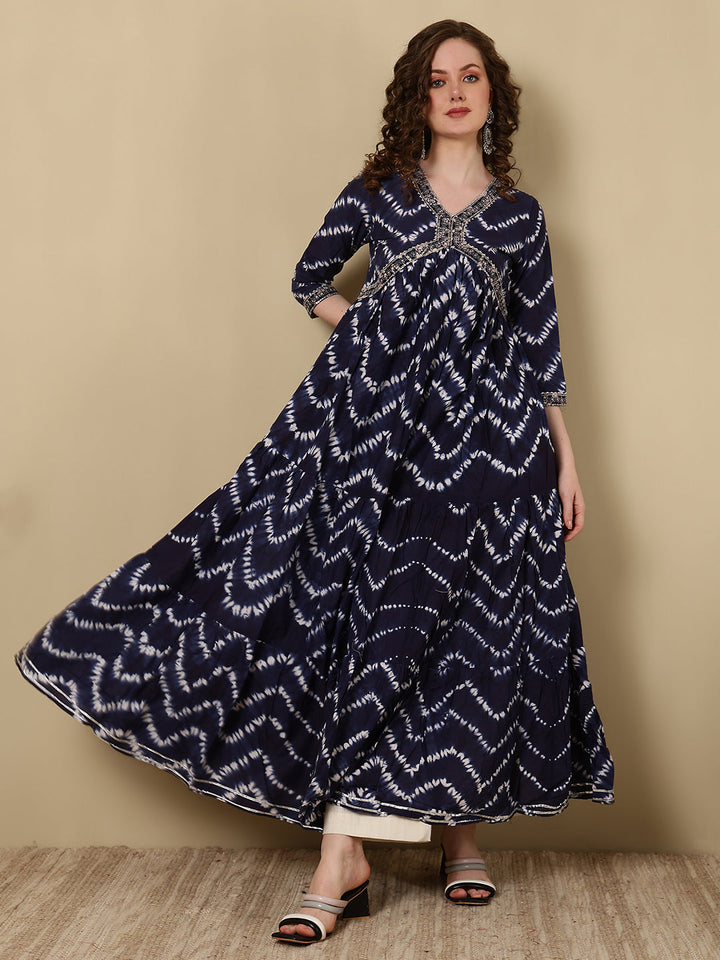 Rayon Printed Ankle Length 3/4 Sleeve V-Neck Alia Cut Tiered Kurta