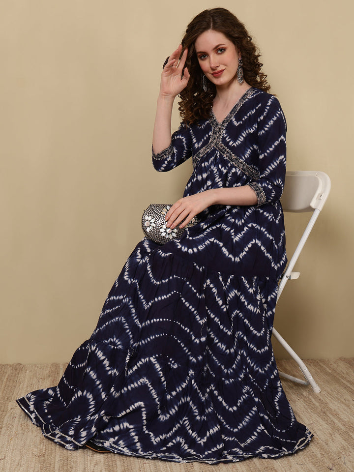 Rayon Printed Ankle Length 3/4 Sleeve V-Neck Alia Cut Tiered Kurta