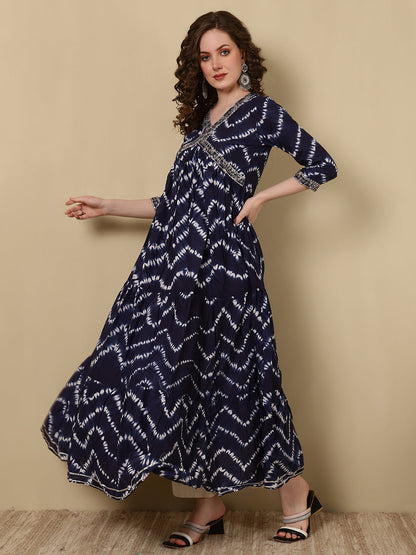 Rayon Printed Ankle Length 3/4 Sleeve V-Neck Alia Cut Tiered Kurta