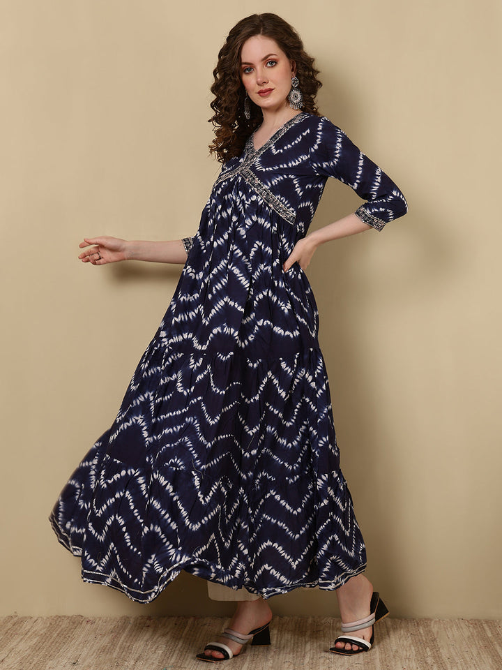 Rayon Printed Ankle Length 3/4 Sleeve V-Neck Alia Cut Tiered Kurta