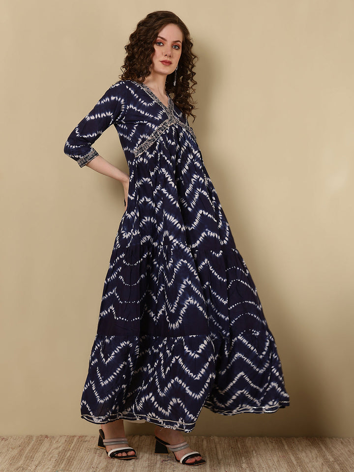 Rayon Printed Ankle Length 3/4 Sleeve V-Neck Alia Cut Tiered Kurta