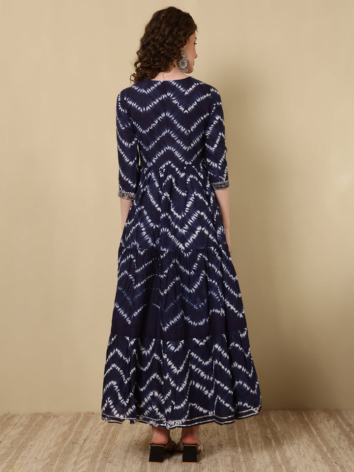 Rayon Printed Ankle Length 3/4 Sleeve V-Neck Alia Cut Tiered Kurta
