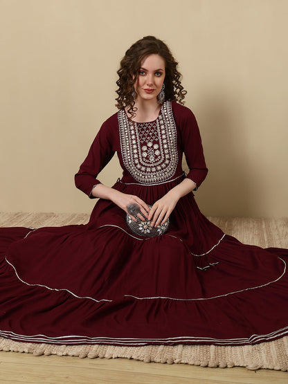 Rayon Printed Embroidered Ankle Length 3/4 Sleeve Round Neck Tiered Kurta