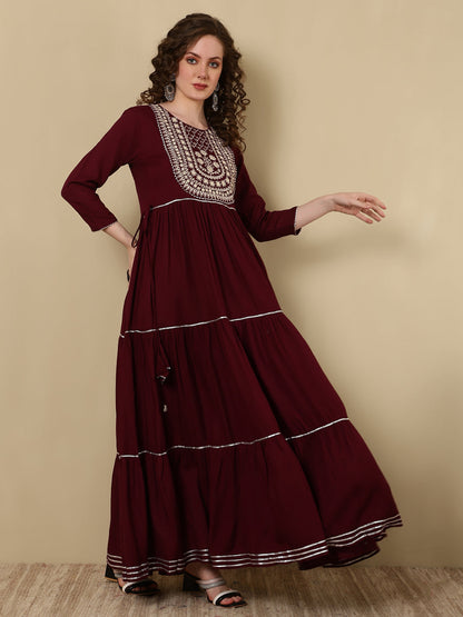 Rayon Printed Embroidered Ankle Length 3/4 Sleeve Round Neck Tiered Kurta