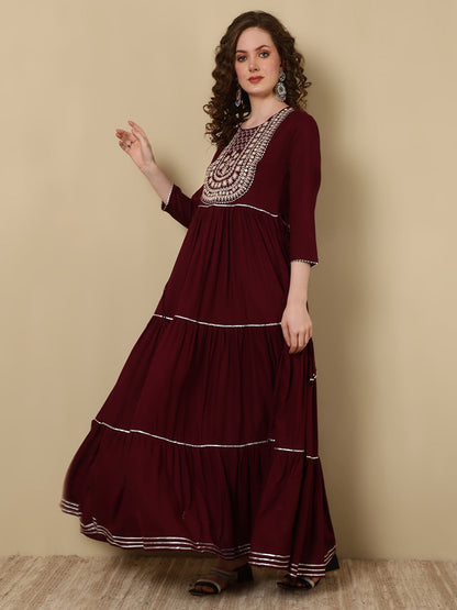 Rayon Printed Embroidered Ankle Length 3/4 Sleeve Round Neck Tiered Kurta