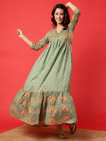 Rayon Printed Ankle Length 3/4 Sleeve V-Neck Alia Cut Tiered Kurta
