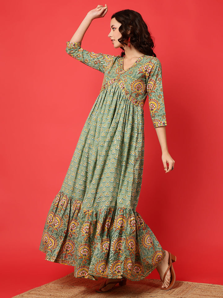 Rayon Printed Ankle Length 3/4 Sleeve V-Neck Alia Cut Tiered Kurta