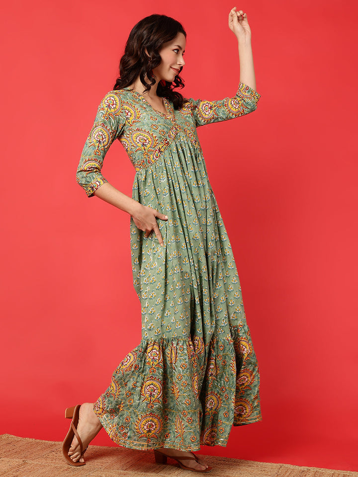 Rayon Printed Ankle Length 3/4 Sleeve V-Neck Alia Cut Tiered Kurta
