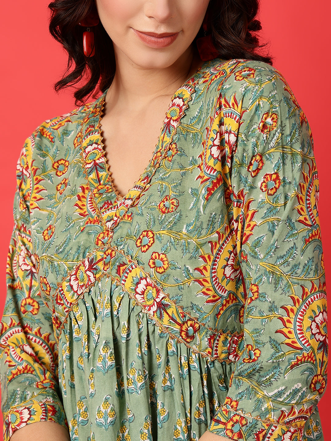 Rayon Printed Ankle Length 3/4 Sleeve V-Neck Alia Cut Tiered Kurta
