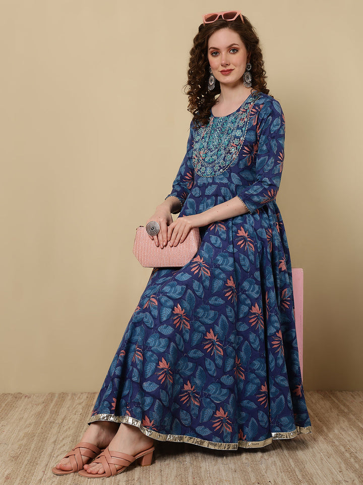 Cotton Embroidered Printed Ankle Length 3/4 Sleeve Round Neck Anarkali Kurta