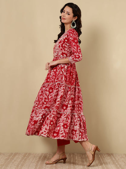 Cotton Embroidered Printed Ankle Length 3/4 Sleeve Round Neck Tiered Kurta