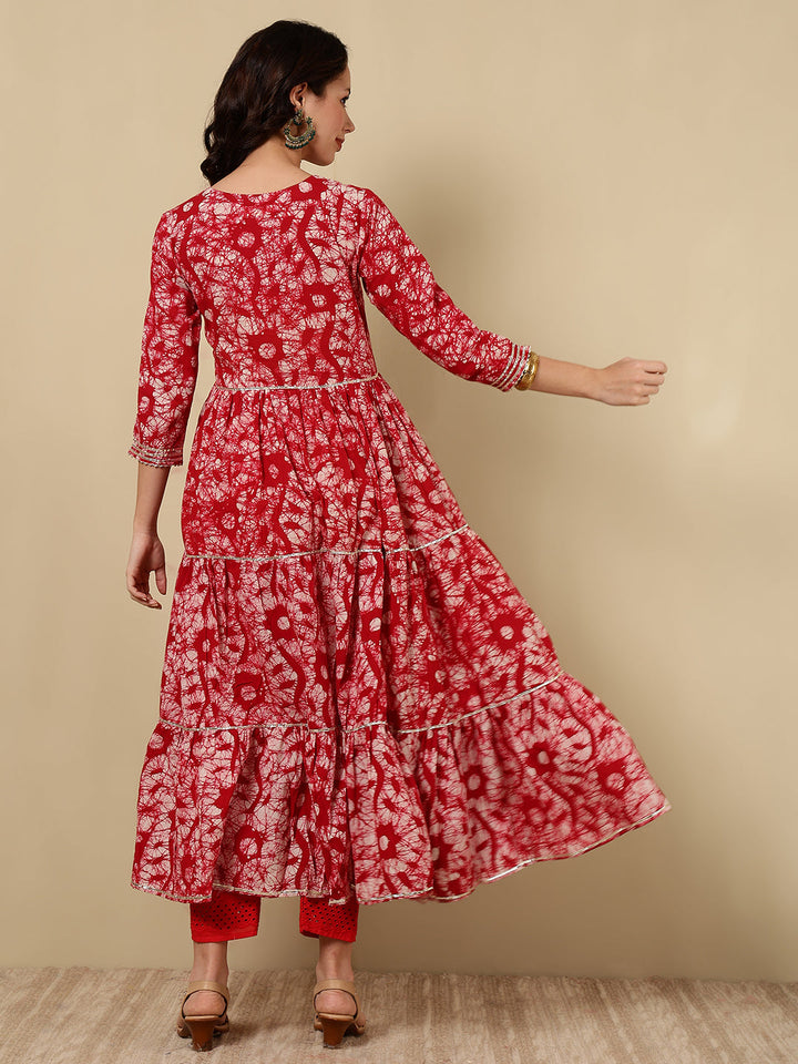 Cotton Embroidered Printed Ankle Length 3/4 Sleeve Round Neck Tiered Kurta