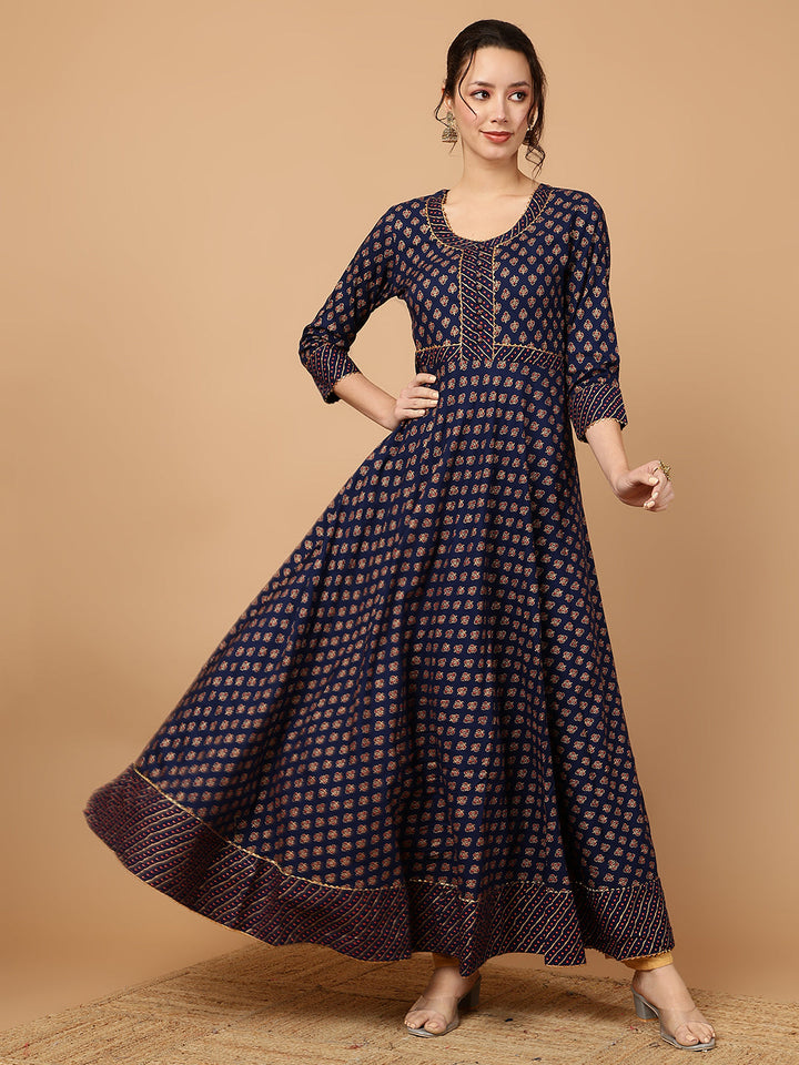 Rayon Printed Ankle Length 3/4 Sleeve Round Neck Anarkali Kurta