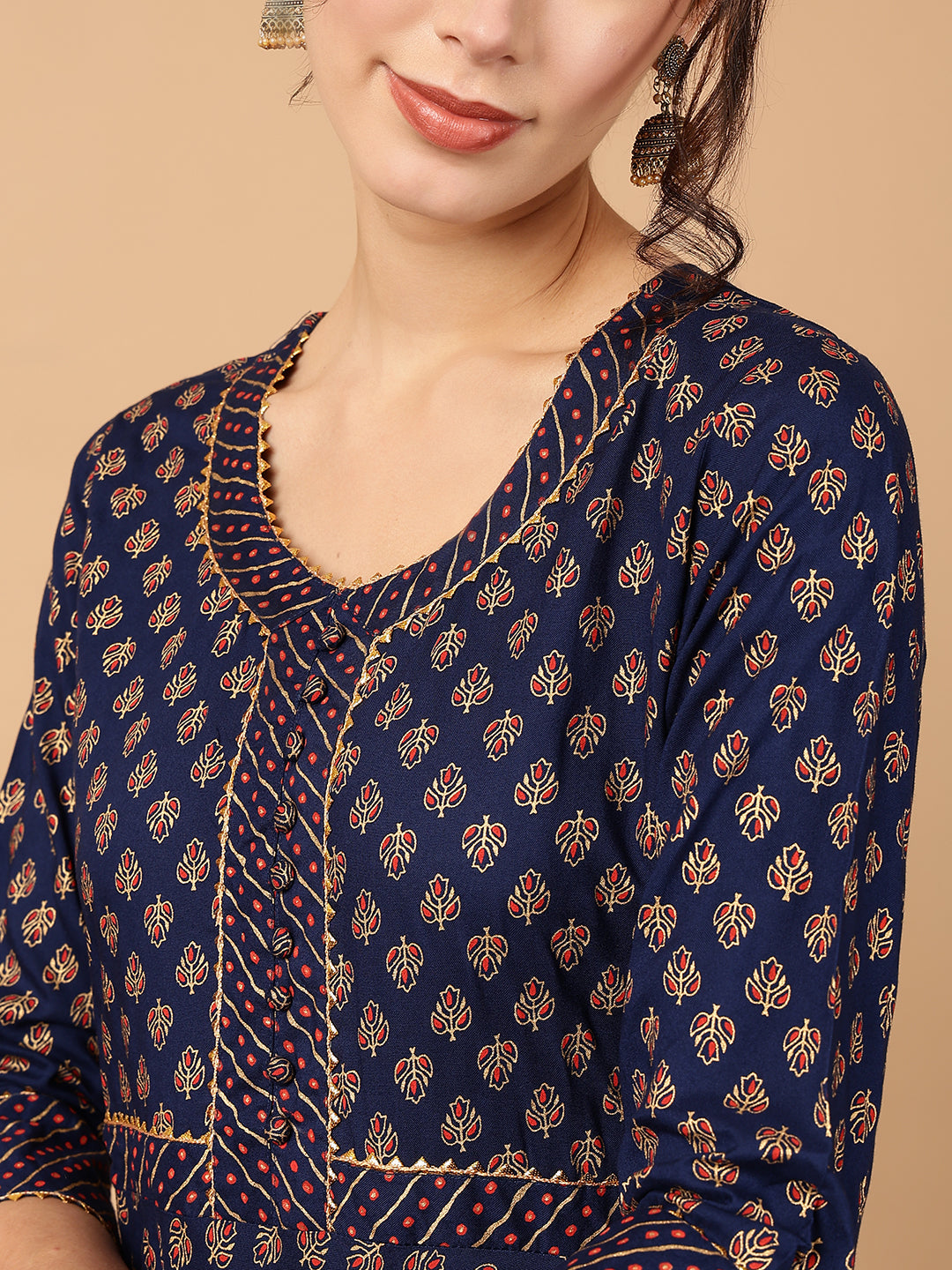 Rayon Printed Ankle Length 3/4 Sleeve Round Neck Anarkali Kurta