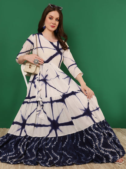 Cotton Printed Ankle Length 3/4 Sleeve Round Neck Tiered Kurta