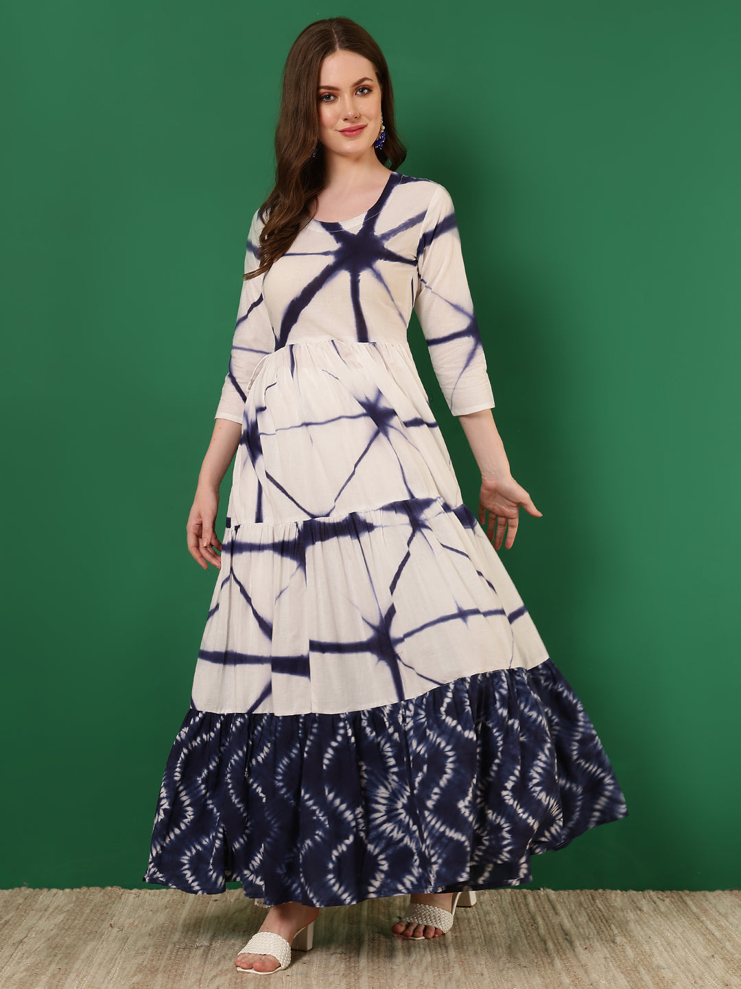 Cotton Printed Ankle Length 3/4 Sleeve Round Neck Tiered Kurta