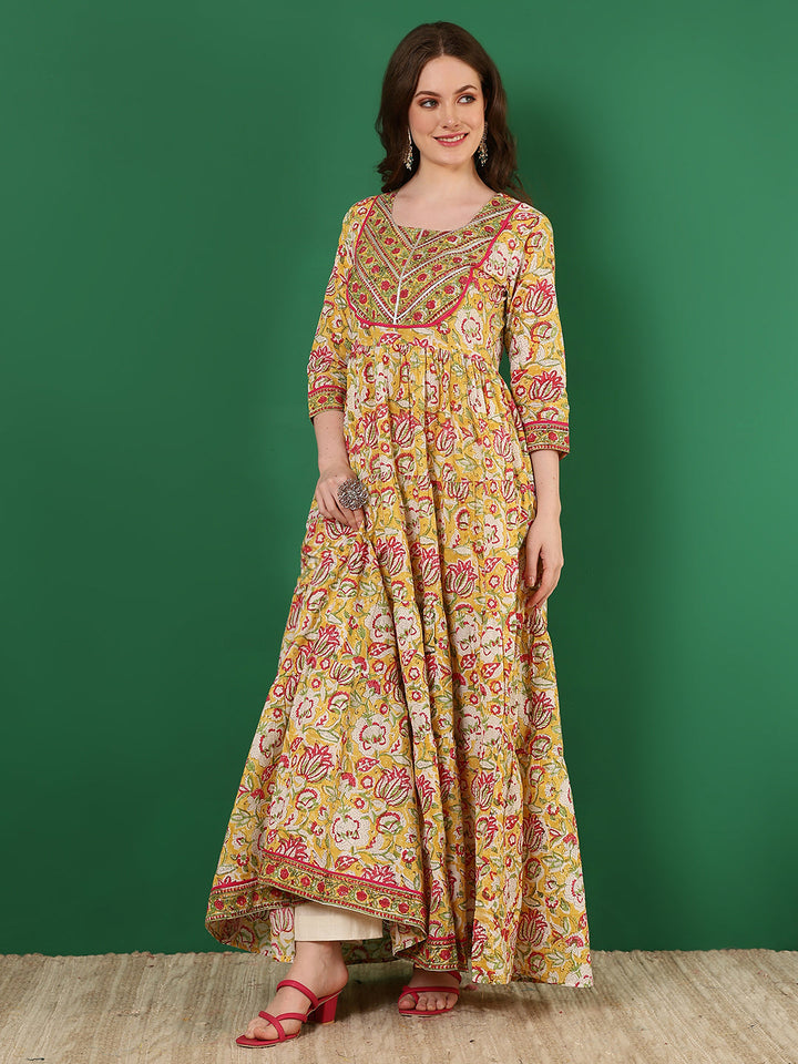 Cotton Printed Ankle Length 3/4 Sleeve Round Neck Tiered Kurta
