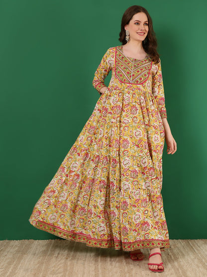 Cotton Printed Ankle Length 3/4 Sleeve Round Neck Tiered Kurta