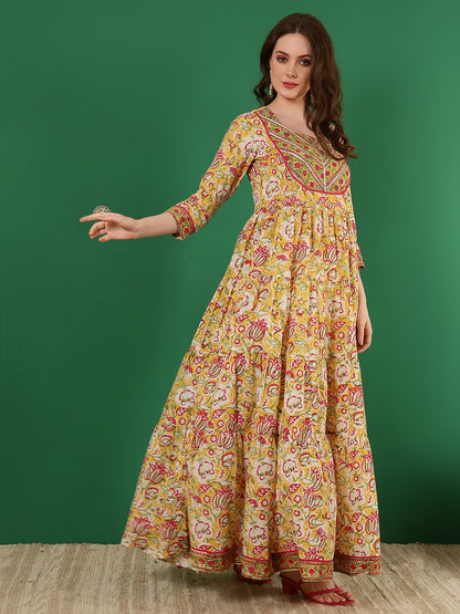 Cotton Printed Ankle Length 3/4 Sleeve Round Neck Tiered Kurta