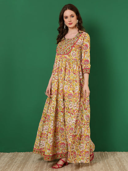 Cotton Printed Ankle Length 3/4 Sleeve Round Neck Tiered Kurta