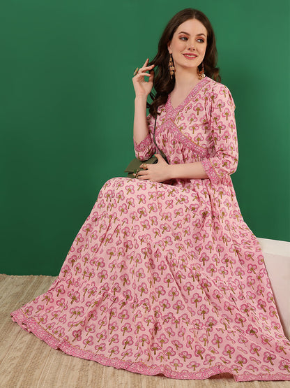 Cotton Printed Ankle Length 3/4 Sleeve V-Neck Alia Cut Tiered Kurta