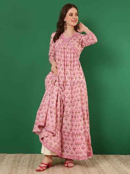Cotton Printed Ankle Length 3/4 Sleeve V-Neck Alia Cut Tiered Kurta