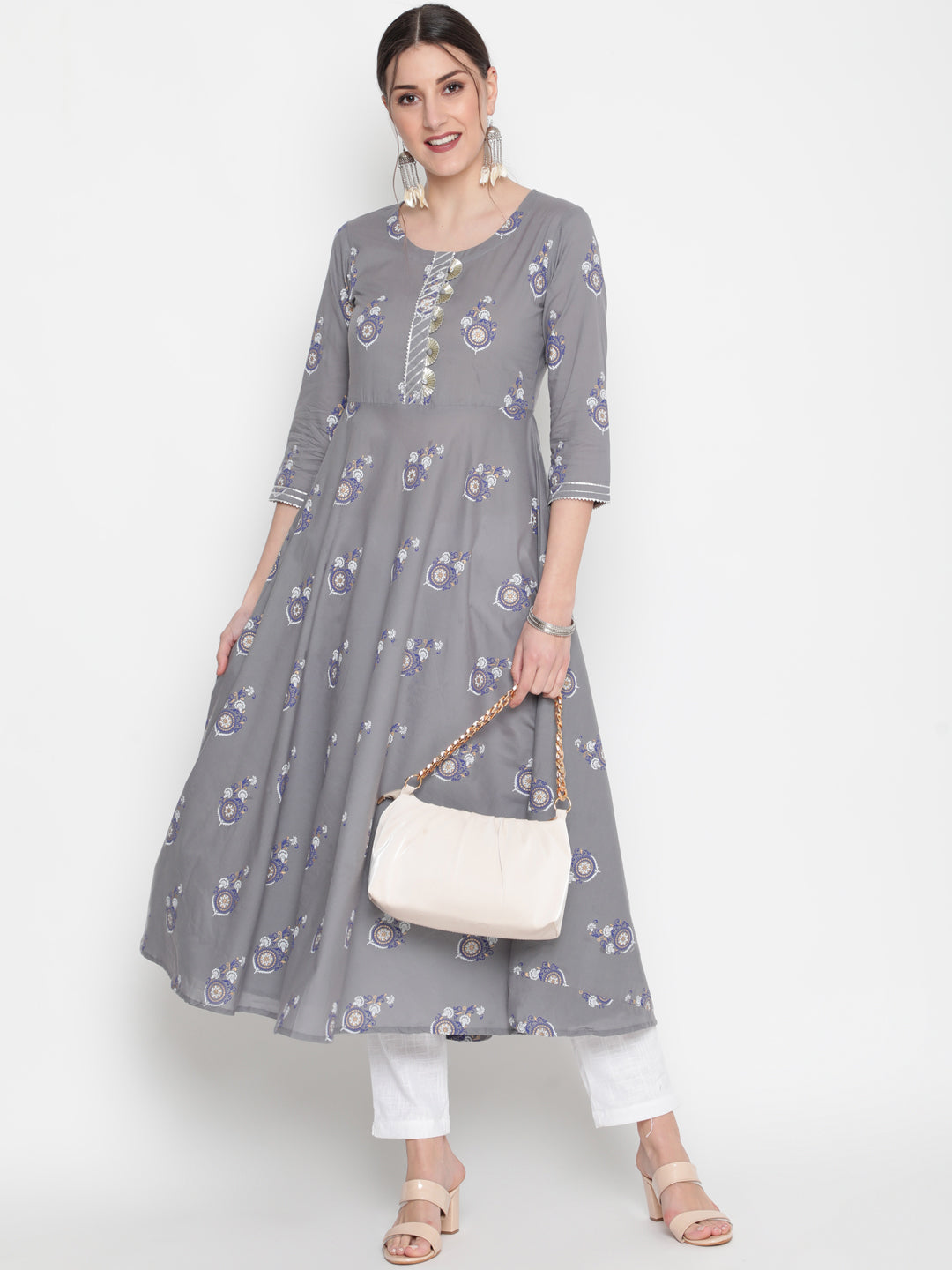 Cotton Printed Round Neck 3/4 Sleeve Flared Ankle Length Ethnic Kurta