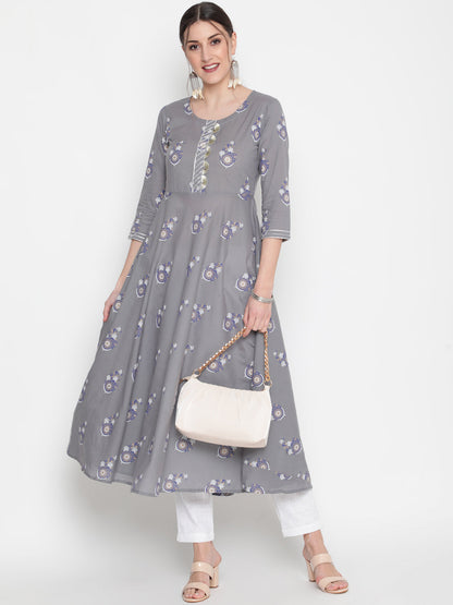 Cotton Printed Round Neck 3/4 Sleeve Flared Ankle Length Ethnic Kurta