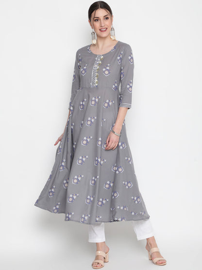 Cotton Printed Round Neck 3/4 Sleeve Flared Ankle Length Ethnic Kurta