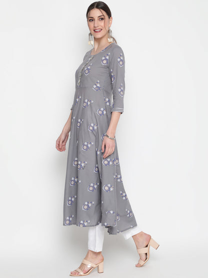 Cotton Printed Round Neck 3/4 Sleeve Flared Ankle Length Ethnic Kurta