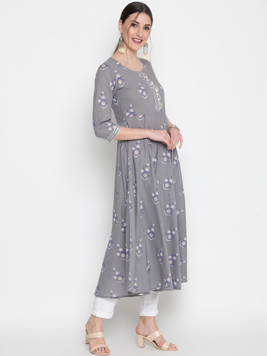 Cotton Printed Round Neck 3/4 Sleeve Flared Ankle Length Ethnic Kurta