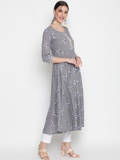 Cotton Printed Round Neck 3/4 Sleeve Flared Ankle Length Ethnic Kurta