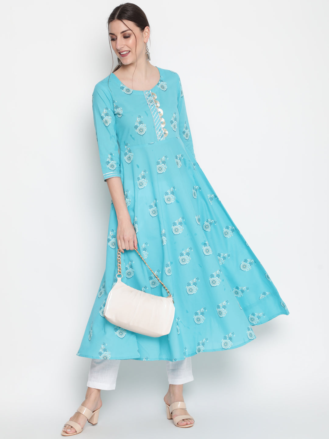 Cotton Printed Round Neck 3/4 Sleeve Flared Ankle Length Ethnic Kurta