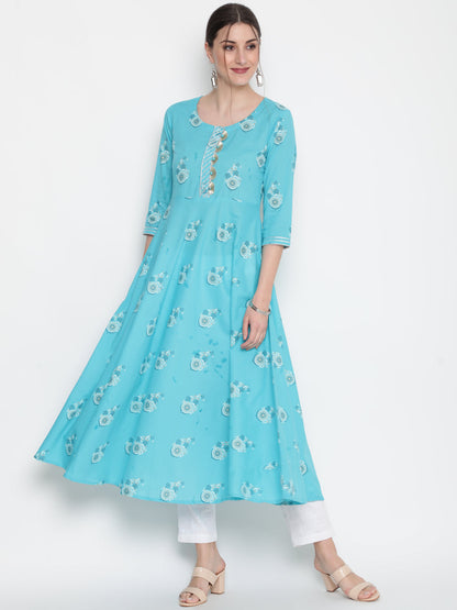 Cotton Printed Round Neck 3/4 Sleeve Flared Ankle Length Ethnic Kurta