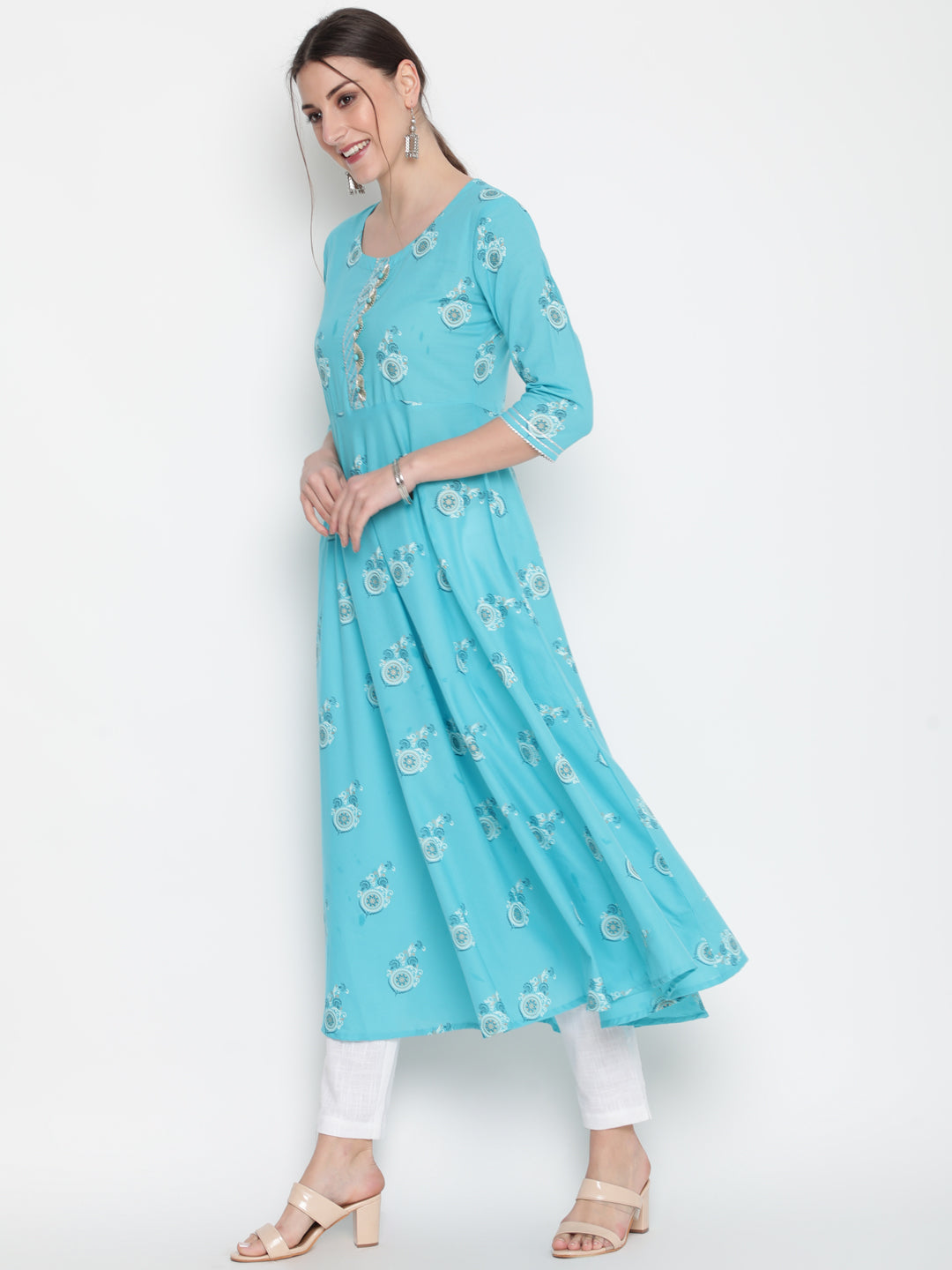 Cotton Printed Round Neck 3/4 Sleeve Flared Ankle Length Ethnic Kurta