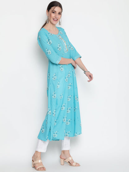Cotton Printed Round Neck 3/4 Sleeve Flared Ankle Length Ethnic Kurta