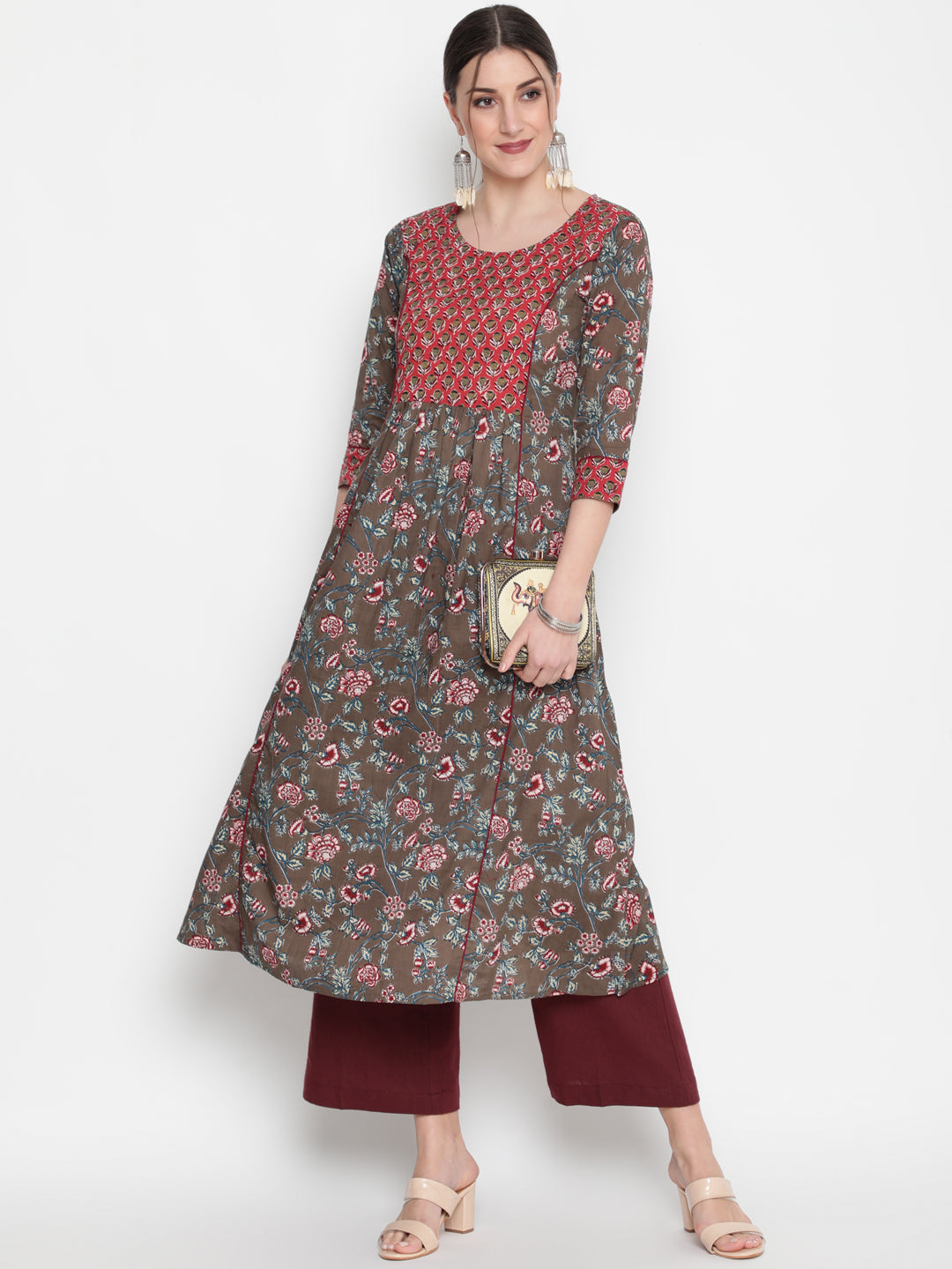 Cotton Printed Round Neck 3/4 Sleeve Flared Ankle Length Ethnic Kurta