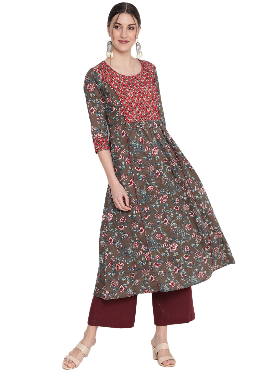 Cotton Printed Round Neck 3/4 Sleeve Flared Ankle Length Ethnic Kurta