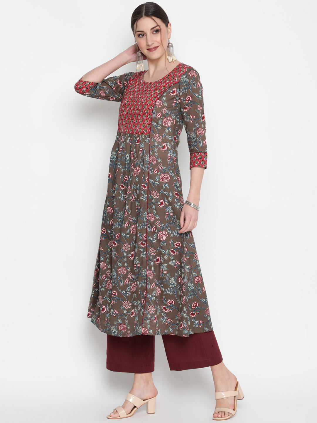 Cotton Printed Round Neck 3/4 Sleeve Flared Ankle Length Ethnic Kurta