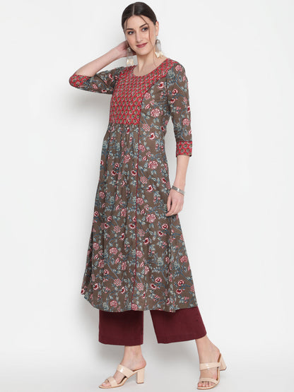 Cotton Printed Round Neck 3/4 Sleeve Flared Ankle Length Ethnic Kurta