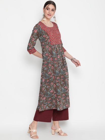 Cotton Printed Round Neck 3/4 Sleeve Flared Ankle Length Ethnic Kurta