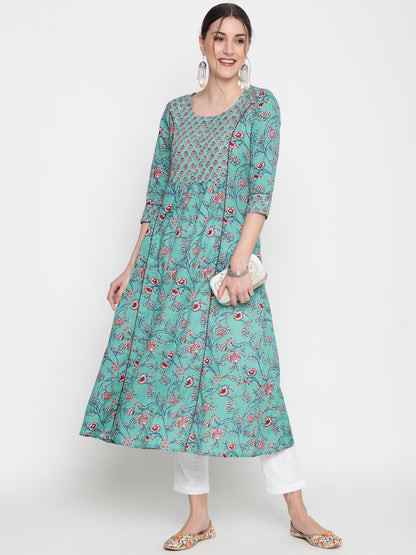 Cotton Printed Round Neck 3/4 Sleeve Flared Ankle Length Ethnic Kurta